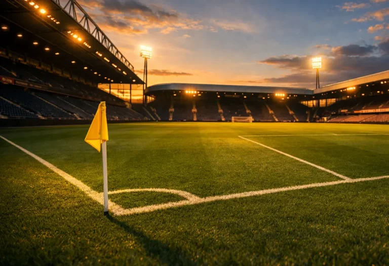 Voetbalstadion in Nederland met verlicht grasveld tijdens avondwedstrijd
