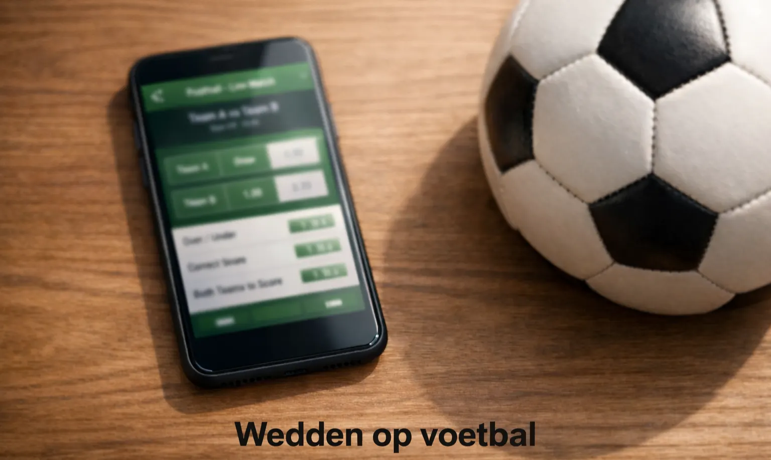 Smartphone met voetbal wedden app en quoteringen op tafel naast voetbal