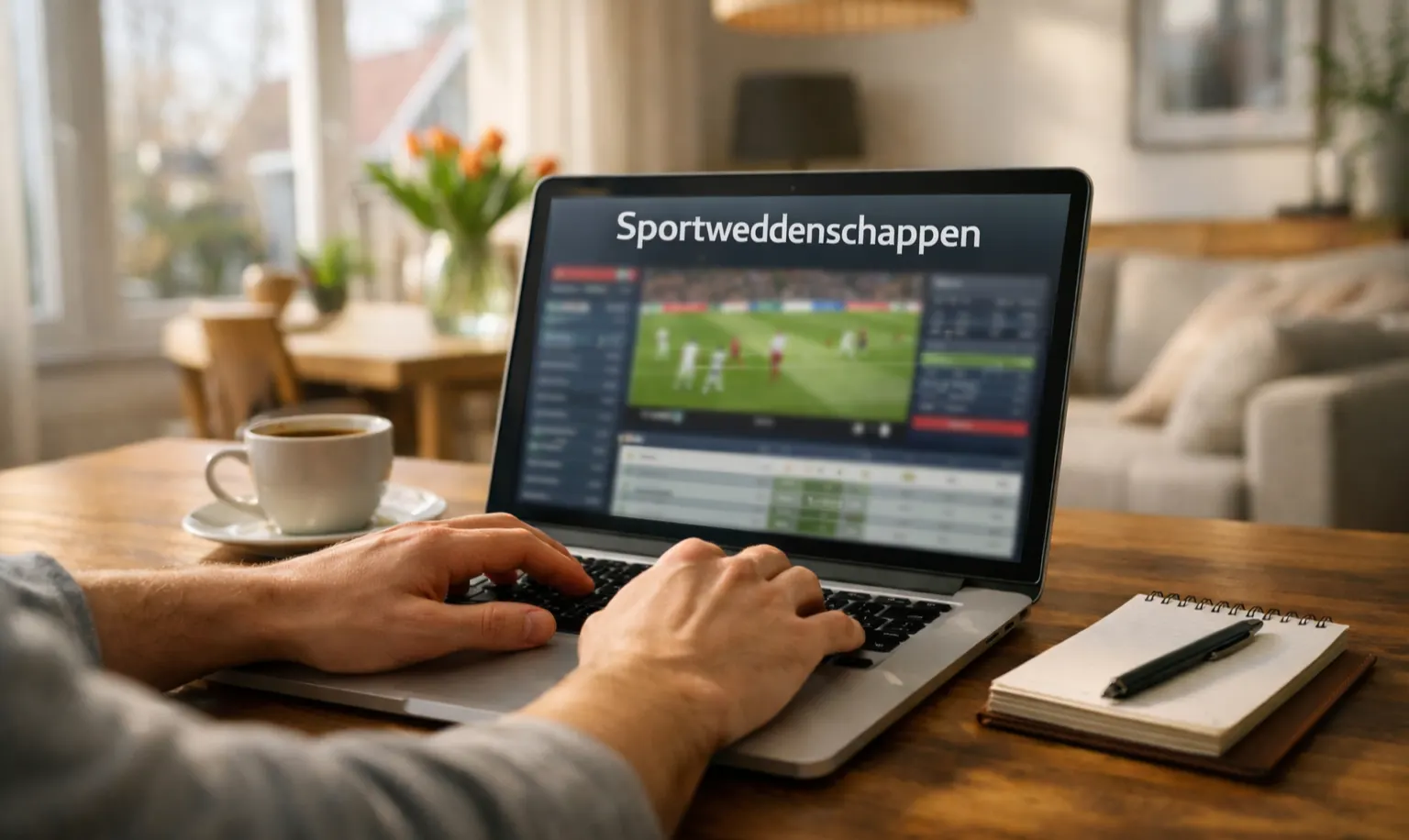 Persoon bekijkt voetbalwedstrijd op laptop met wedscherm in moderne woonkamer