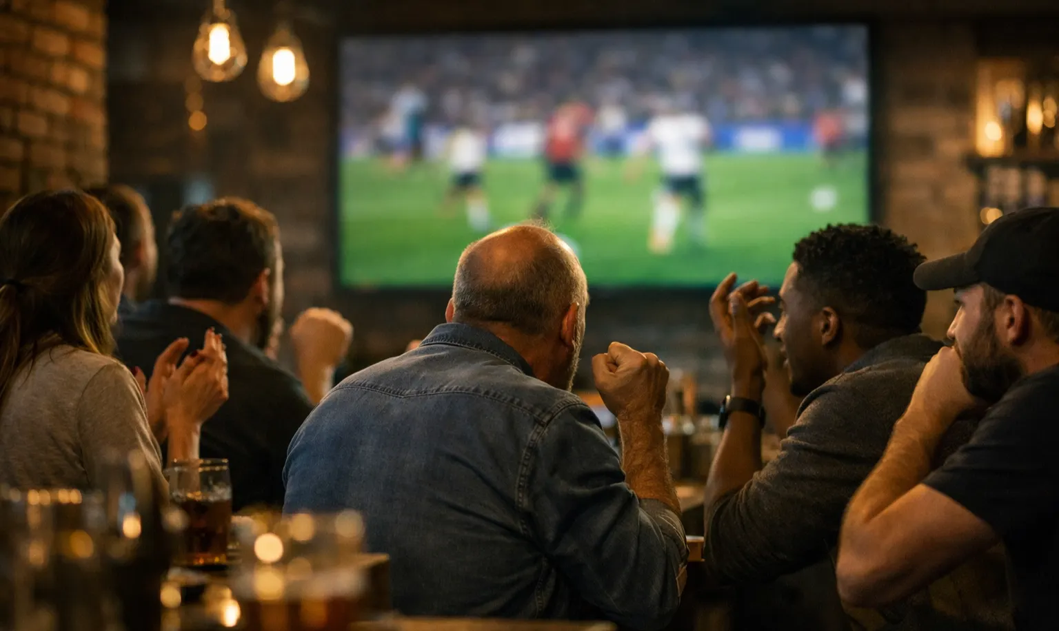Voetbalfans kijken gespannen naar live wedstrijd op groot scherm in sportbar