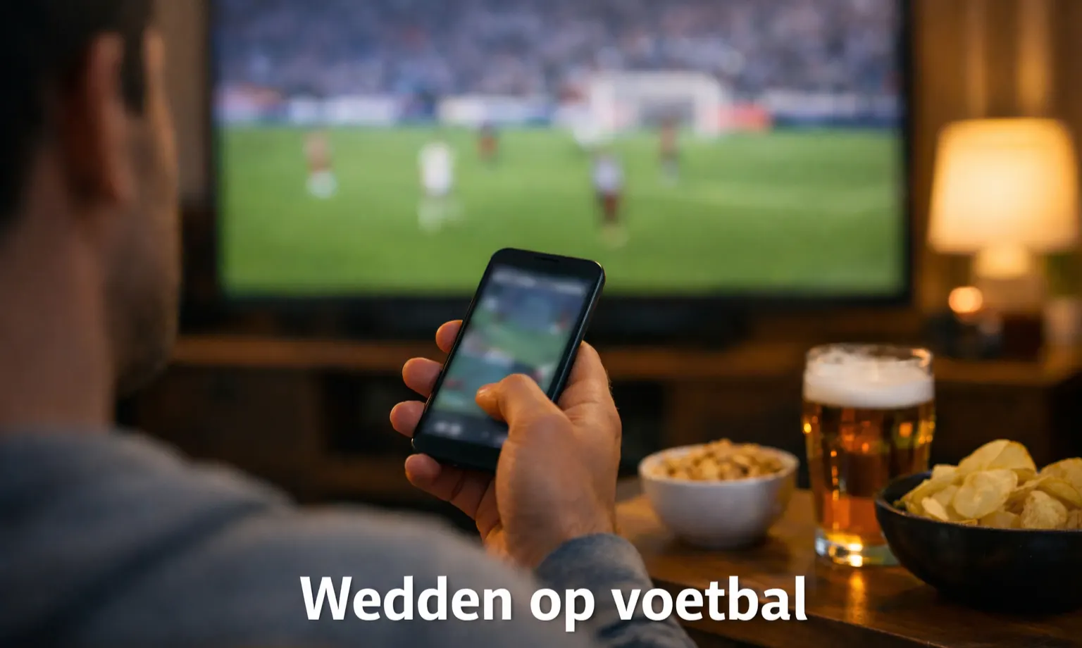 Mobiel wedden - smartphone met voetbalwedstrijd op achtergrond