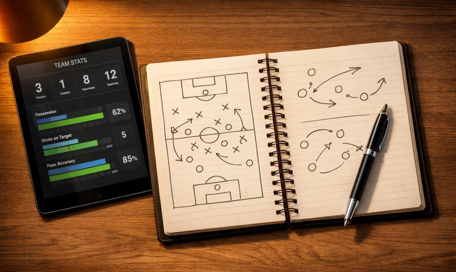 Notitieboek met wedstrategie notities naast tablet met voetbalstatistieken